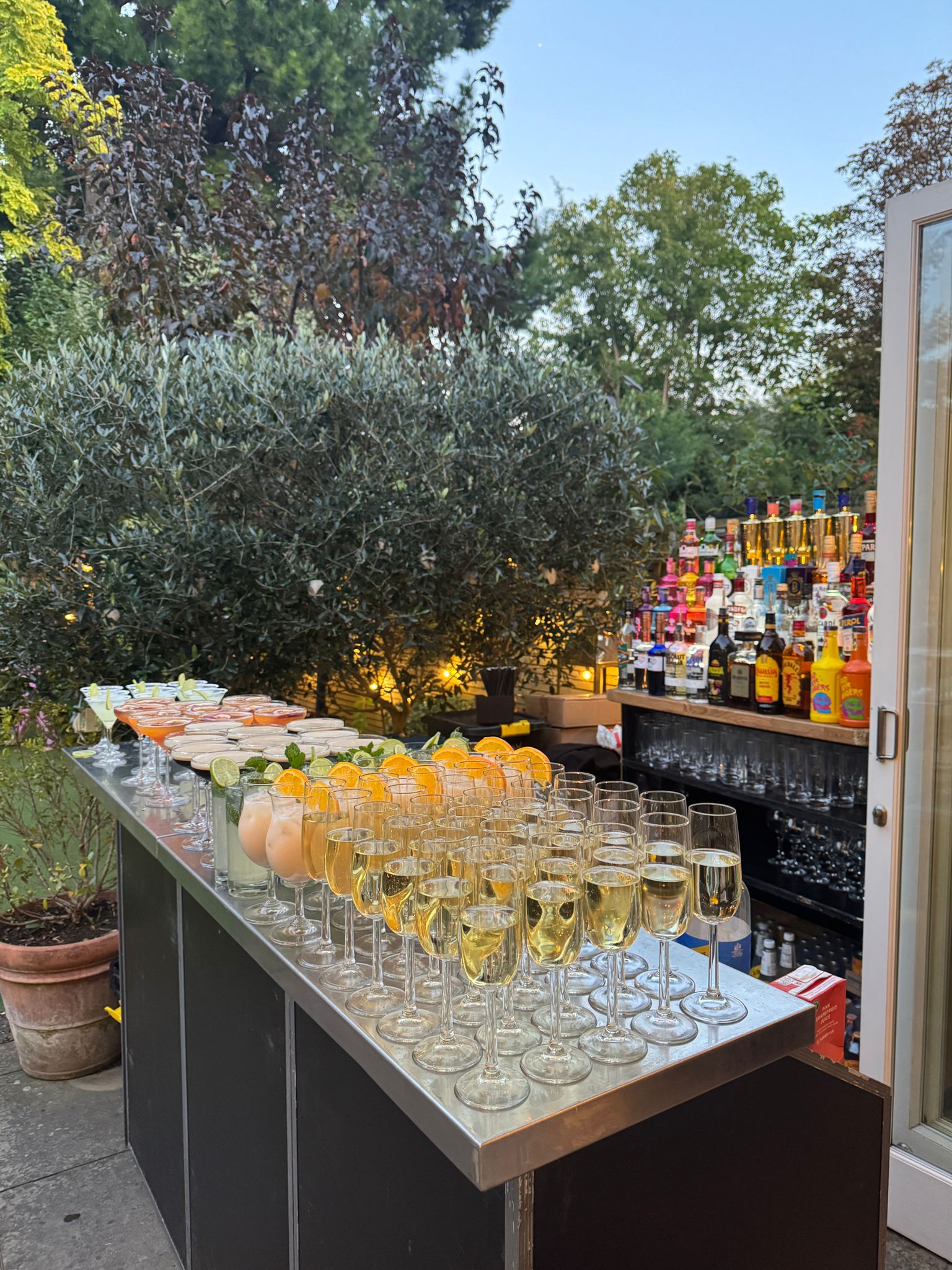 Evening garden bar with champagne flutes, cocktails, and premium spirit display
