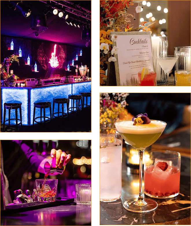 Cocktail bar illuminated with neon lights at night, serving drinks on a modern, stylish bar counter in London & Berkshire.