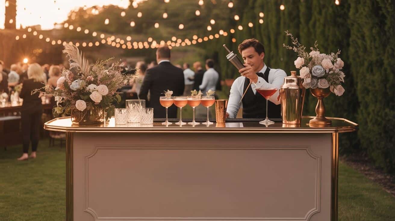 Elegant outdoor mobile bar with floral decor and string lights at a wedding reception in the evening, serving colourful cocktails to guests.