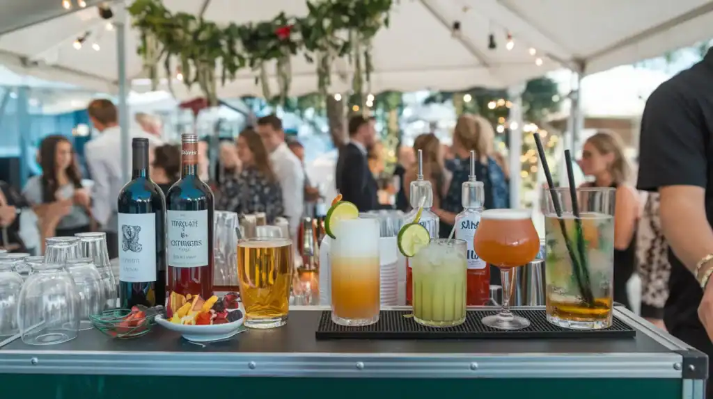 Vibrant outdoor bar setup with colourful cocktails, wine, and fresh fruit garnishes at The Sesh Bars mobile bar hire event in London & Berkshire.